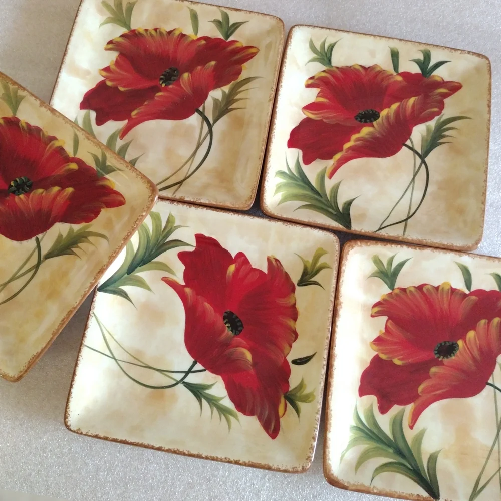 5-Piece Pier 1 Hand Painted Poppies Eartheneware Square Salad Appetizer Plates